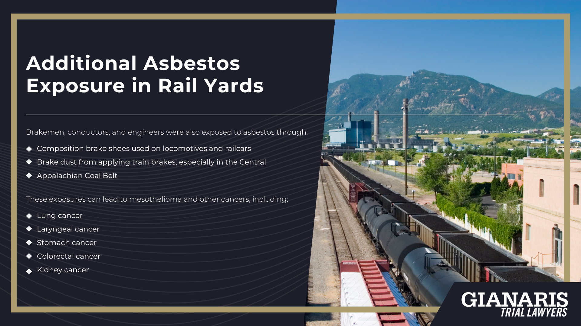 Diesel Exhaust, Locomotive Crews & Cancer; Diesel Exhaust & Cancer Risks; Asbestos, Locomotive Engineers & Cancer; Additional Asbestos Exposure in Rail Yards