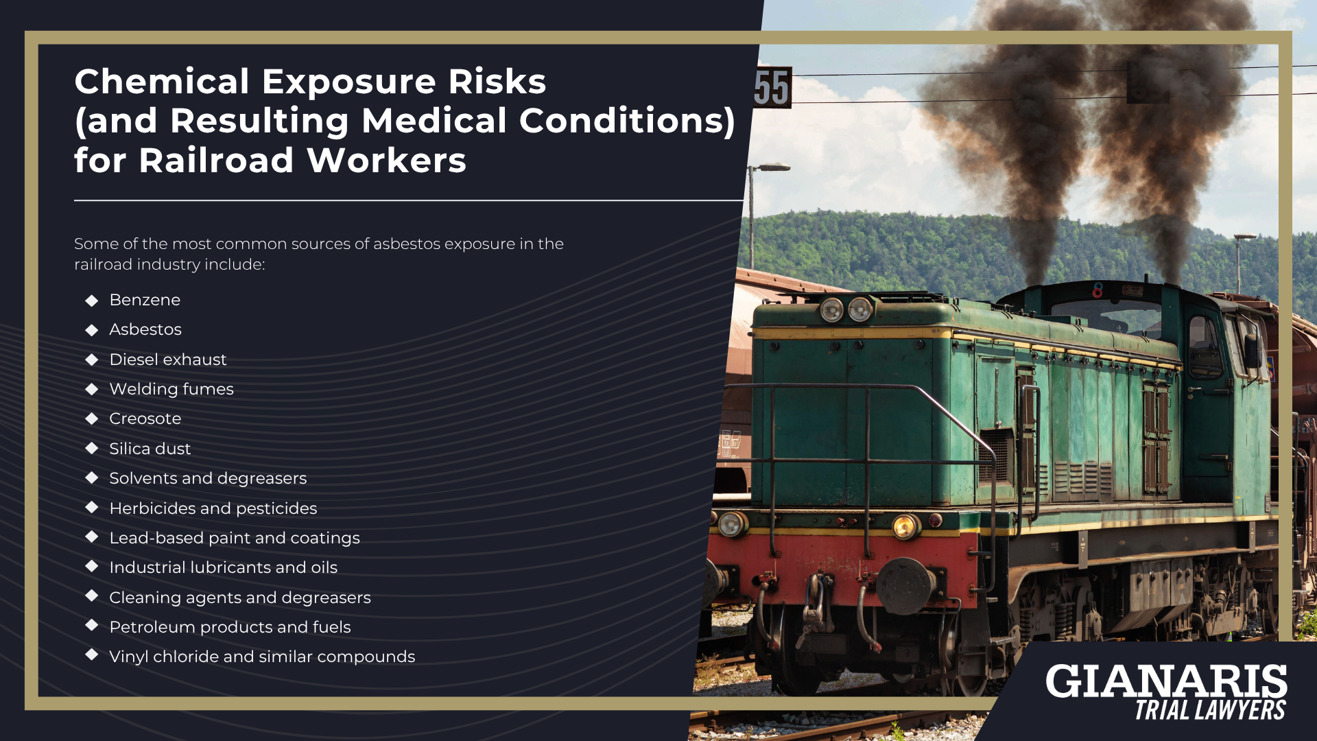 What Railroad Workers are at High Risk of Injuries and Chemical Exposure; Physical Injury and Chemical Exposure Risks for Railroad Workers Explained; Physical Injury Risks for Railroad Workers; Chemical Exposure Risks (and Resulting Medical Conditions) for Railroad Workers