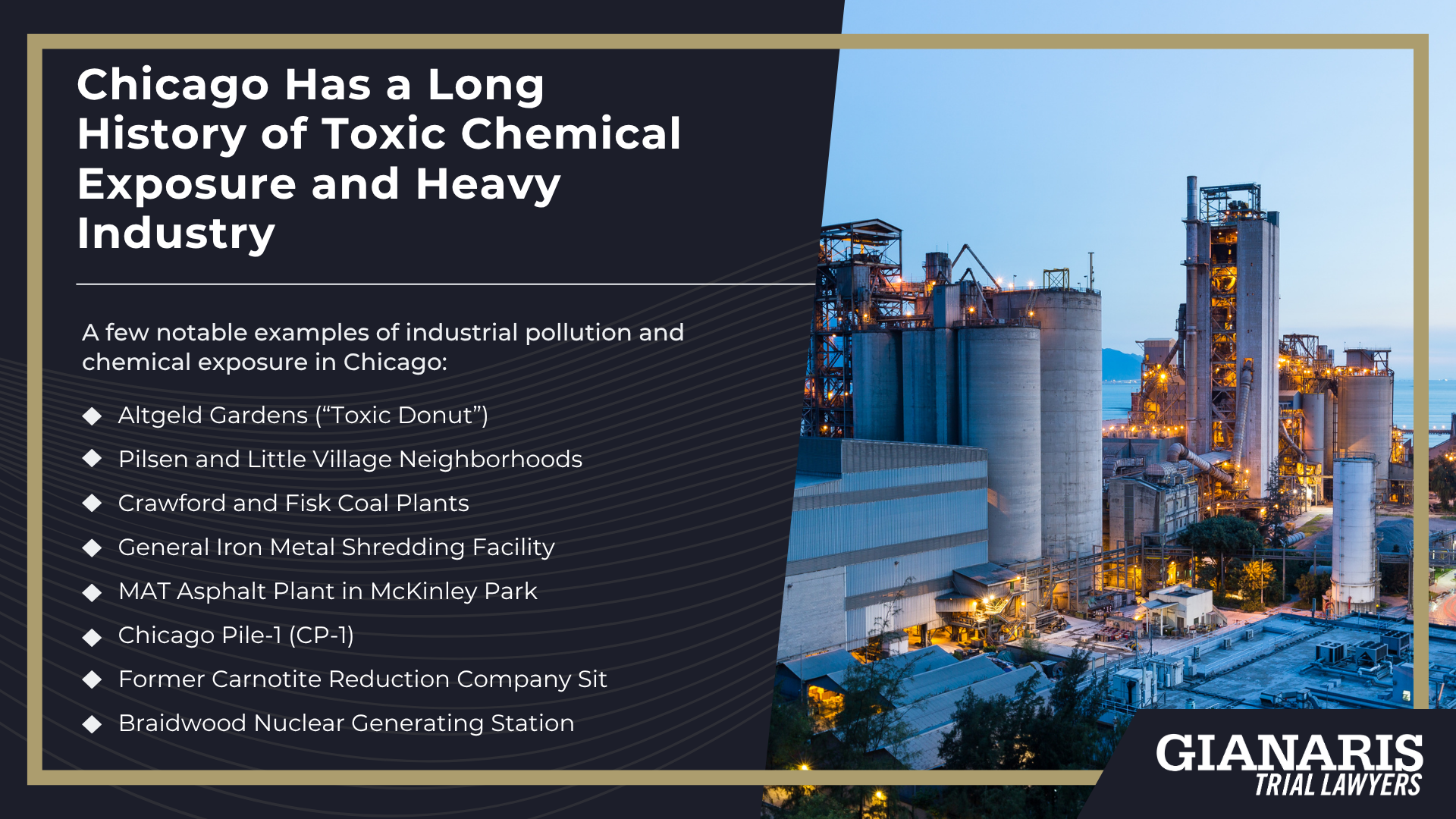 Meet Our Team of Experienced Collinsville Car Accident Lawyers; Types of Toxic Chemical Exposure Cases We Handle; Chicago Has a Long History of Toxic Chemical Exposure and Heavy Industry