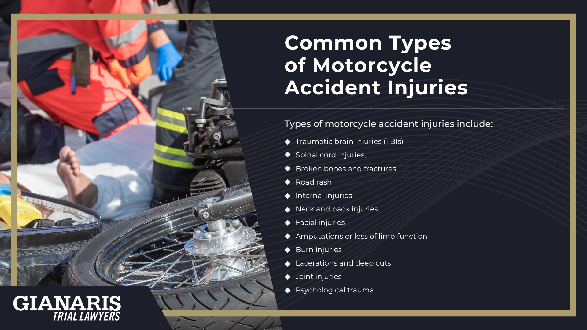Need Help from an Experienced Motorcycle Accident Attorney? Meet Our Team; How Much Does it Cost to Hire a Motorcycle Accident Attorney from Gianaris Trial Lawyers; The Legal Process for a Motorcycle Accident Claim in Collinsville, IL; Gathering Evidence for a Motorcycle Accident Personal Injury Case; Types of Damages in Motorcycle Accident Cases; Illinois Motorcycle Laws; Common Causes and Types of Motorcycle Accidents; Common Types of Motorcycle Accident Injuries