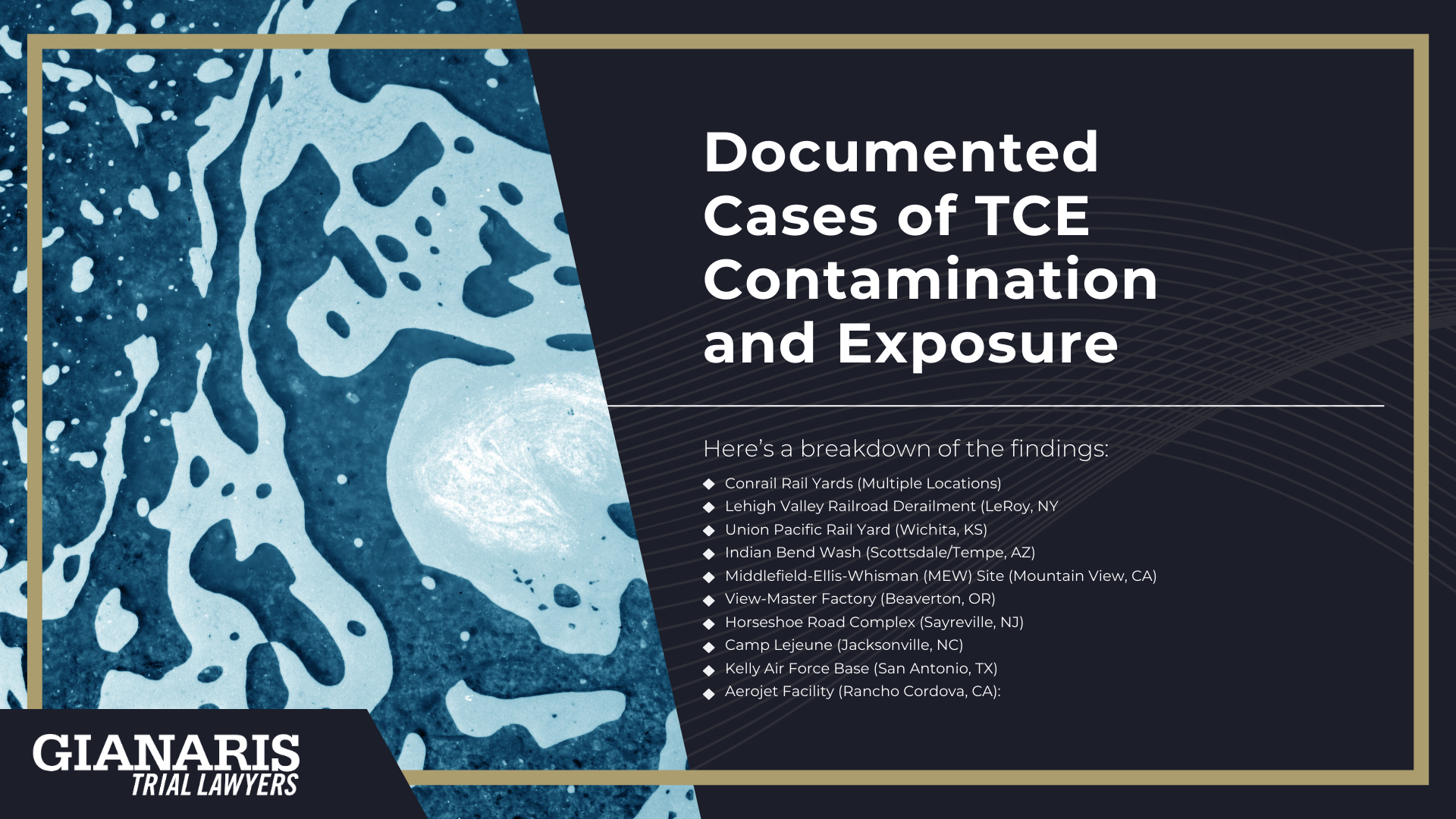 What is Trichloroethylene (TCE) and Where is it Used; How are People Exposed to TCE; Who is at Risk of Exposure to Trichloroethylene (TCE); Health Effects of Exposure to Trichloroethylene (TCE); Types of Cancer Linked to Trichloroethylene Exposure; Non-Cancer Health Effects of TCE Exposure; Documented Cases of TCE Contamination and Exposure