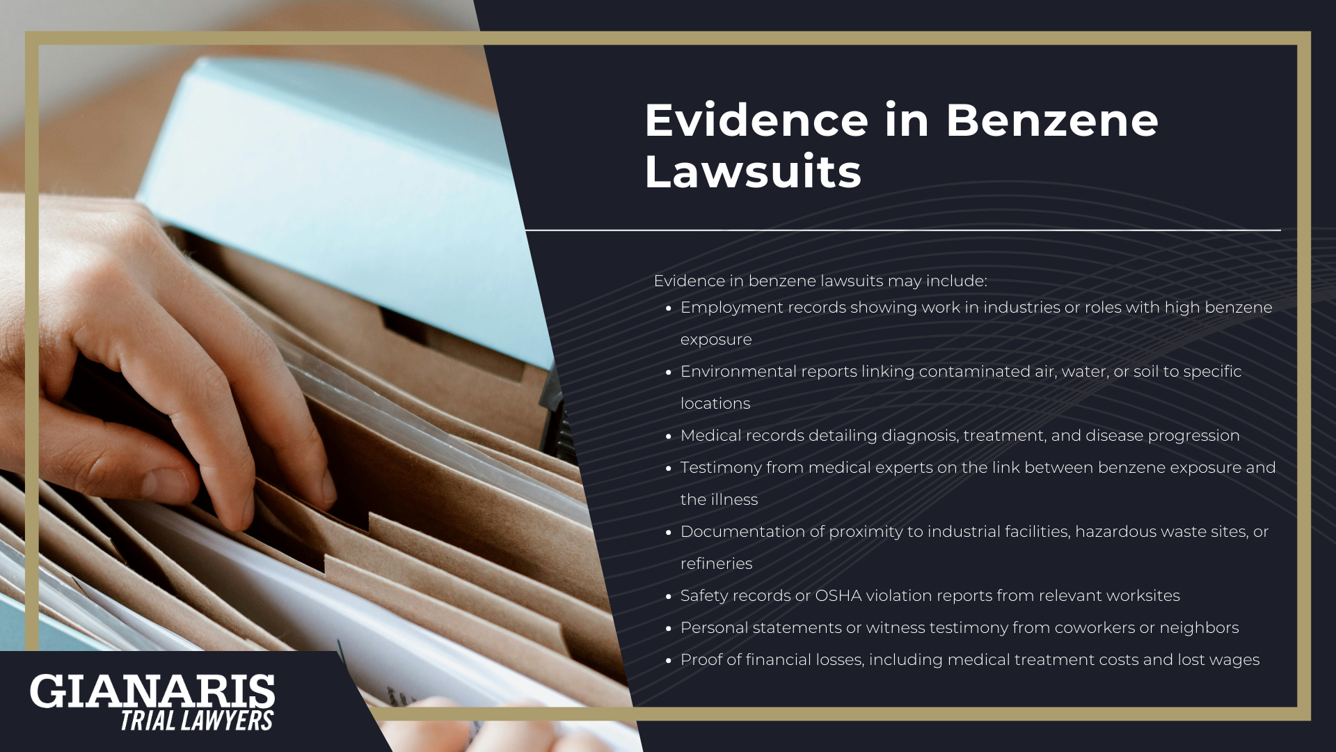 How are People Exposed to Benzene; Occupational Exposure_ Workers at Risk; Environmental Exposure to Benzene_ Communities at Risk; Health Effects Linked to Benzene Exposure; Types of Cancer Linked to Benzene Exposure; Non-Cancer Health Effects of Benzene Exposure; Do You Qualify for a Benzene Exposure Lawsuit; Evidence in Benzene Lawsuits