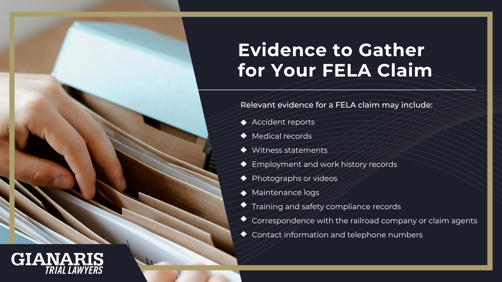 An Overview of the Federal Employers Liability Act (FELA); The Legal Process for FELA Claims Explained; What Should I Do If a Railroad Claim Agent Contacts Me; Evidence to Gather for Your FELA Claim