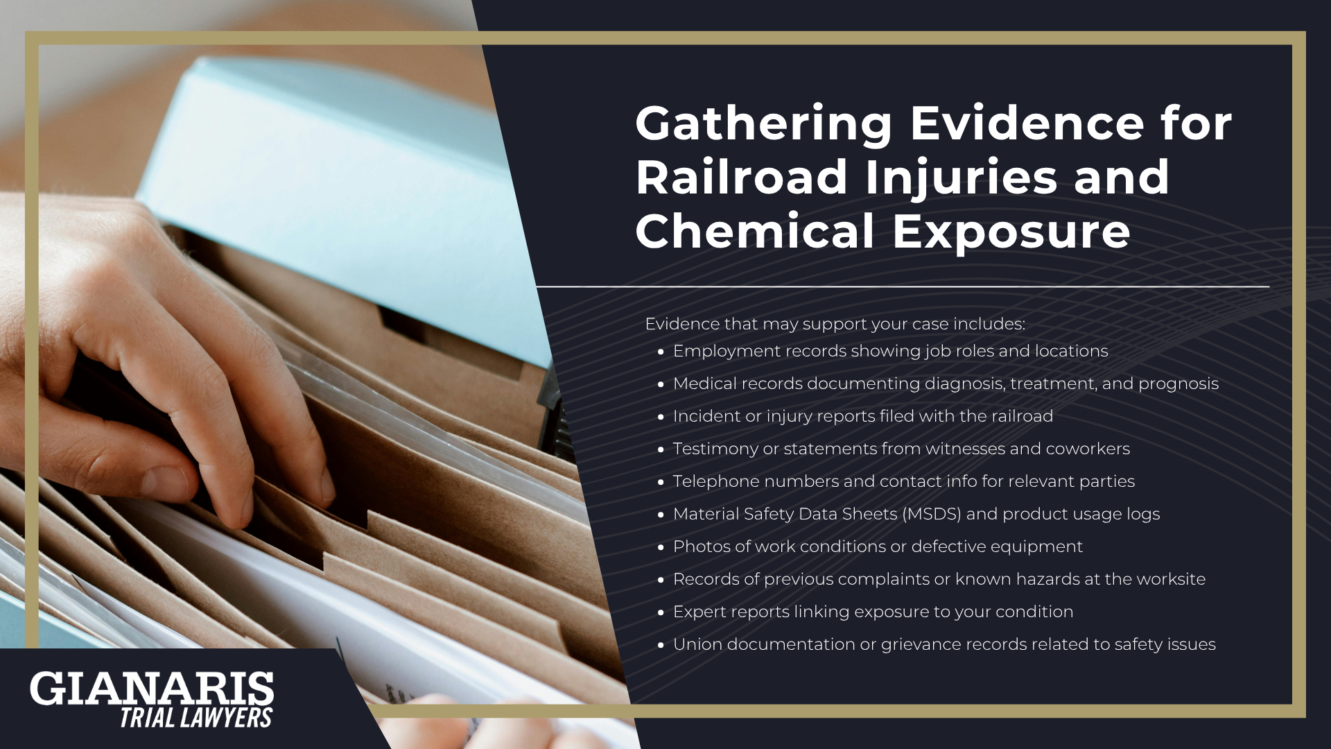 What Railroad Workers are at High Risk of Injuries and Chemical Exposure; Physical Injury and Chemical Exposure Risks for Railroad Workers Explained; Physical Injury Risks for Railroad Workers; Chemical Exposure Risks (and Resulting Medical Conditions) for Railroad Workers; Chemical Exposure Risks (and Resulting Medical Conditions) for Railroad Workers (2); Gathering Evidence for Railroad Injuries and Chemical Exposure