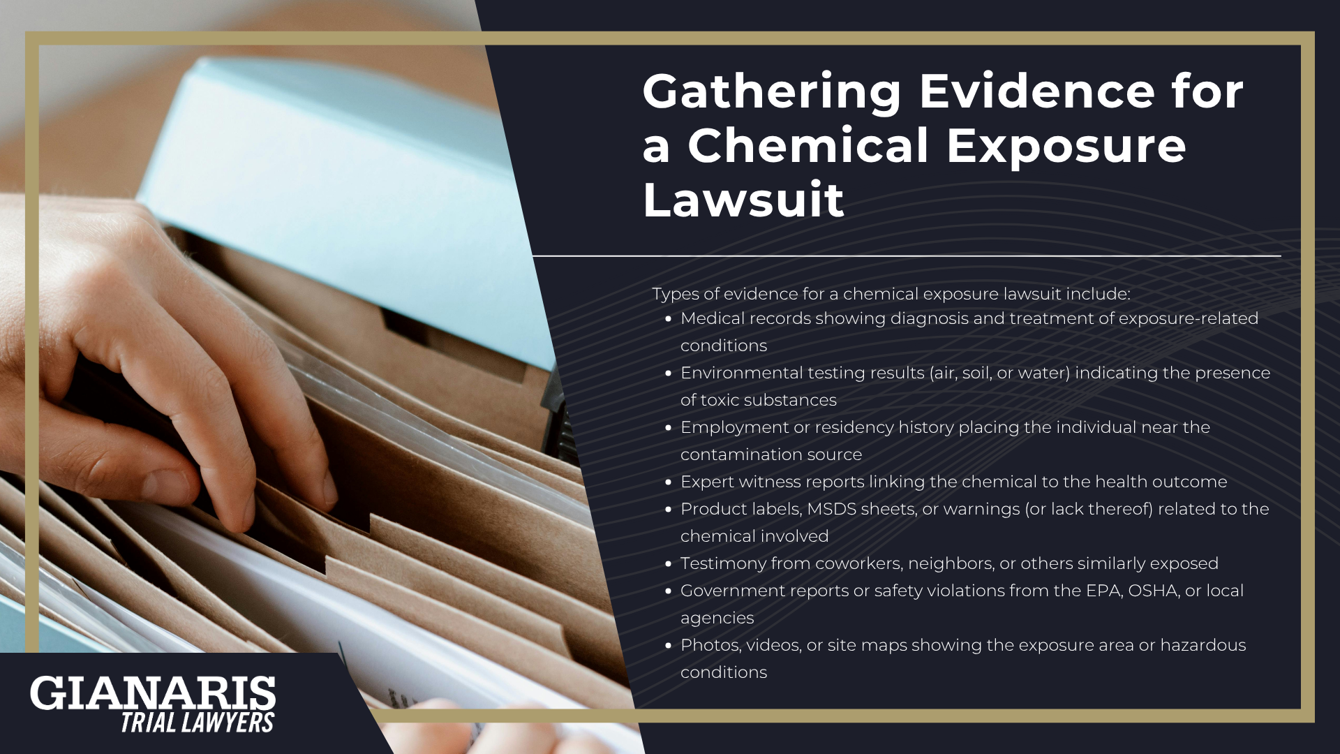 How Does Toxic Chemical Exposure Occur; What To Do If You Suspect Toxic Chemical Exposure; Types of Chemical Exposure_ Workplace, Community, and Individual Risks; Workplace Chemical Exposure Risks; Community Chemical Exposure Risks; Individual Cases of Chemical Exposure; Health Effects of Toxic Chemical Exposure; The Legal Process for Toxic Chemical Exposure Litigation; Gathering Evidence for a Chemical Exposure Lawsuit
