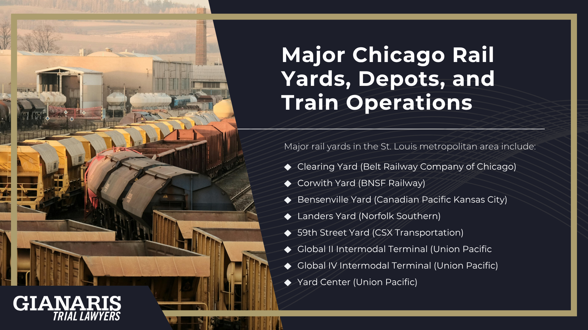 Types of Chemical Exposures in the Railroad Industry; Cancers and Serious Health Problems Railroad Workers Suffer; What is the Federal Employers Liability Act (FELA) and How Does it Benefit Injured Railroad Workers; What Types of Injuries and Illnesses are Covered by FELA; Can I Sue for Wrongful Death of a Loved One Through FELA; Major Chicago Rail Yards, Depots, and Train Operations