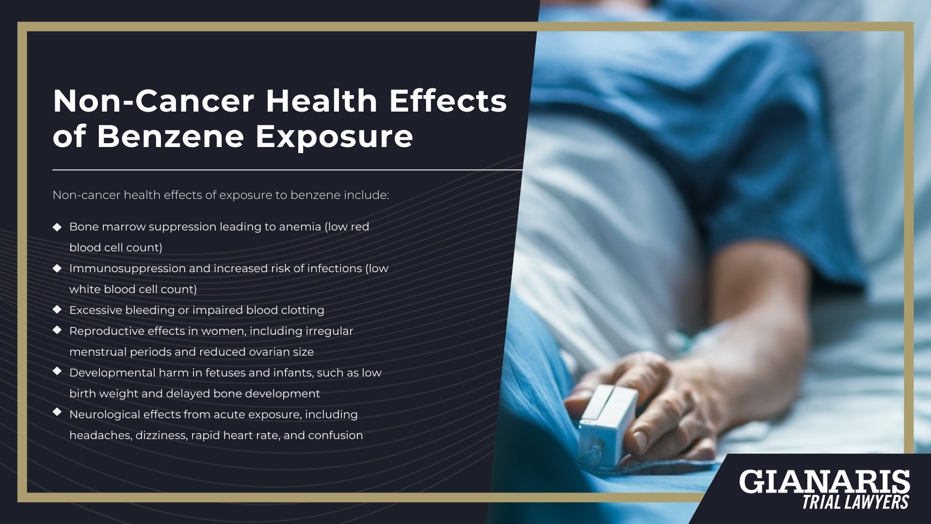 How are People Exposed to Benzene; Occupational Exposure_ Workers at Risk; Environmental Exposure to Benzene_ Communities at Risk; Health Effects Linked to Benzene Exposure; Types of Cancer Linked to Benzene Exposure; Non-Cancer Health Effects of Benzene Exposure