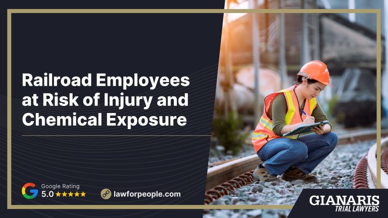 Railroad Employees at Risk of Injury and Chemical Exposure; What Railroad Workers are at High Risk of Injuries and Chemical Exposure; Physical Injury and Chemical Exposure Risks for Railroad Workers Explained; Physical Injury Risks for Railroad Workers; Chemical Exposure Risks (and Resulting Medical Conditions) for Railroad Workers; Chemical Exposure Risks (and Resulting Medical Conditions) for Railroad Workers (2); Gathering Evidence for Railroad Injuries and Chemical Exposure; Damages in Railroad Injury and Chemical Exposure Cases; Gianaris Trial Lawyers_ Handling FELA Injury and Chemical Exposure Cases