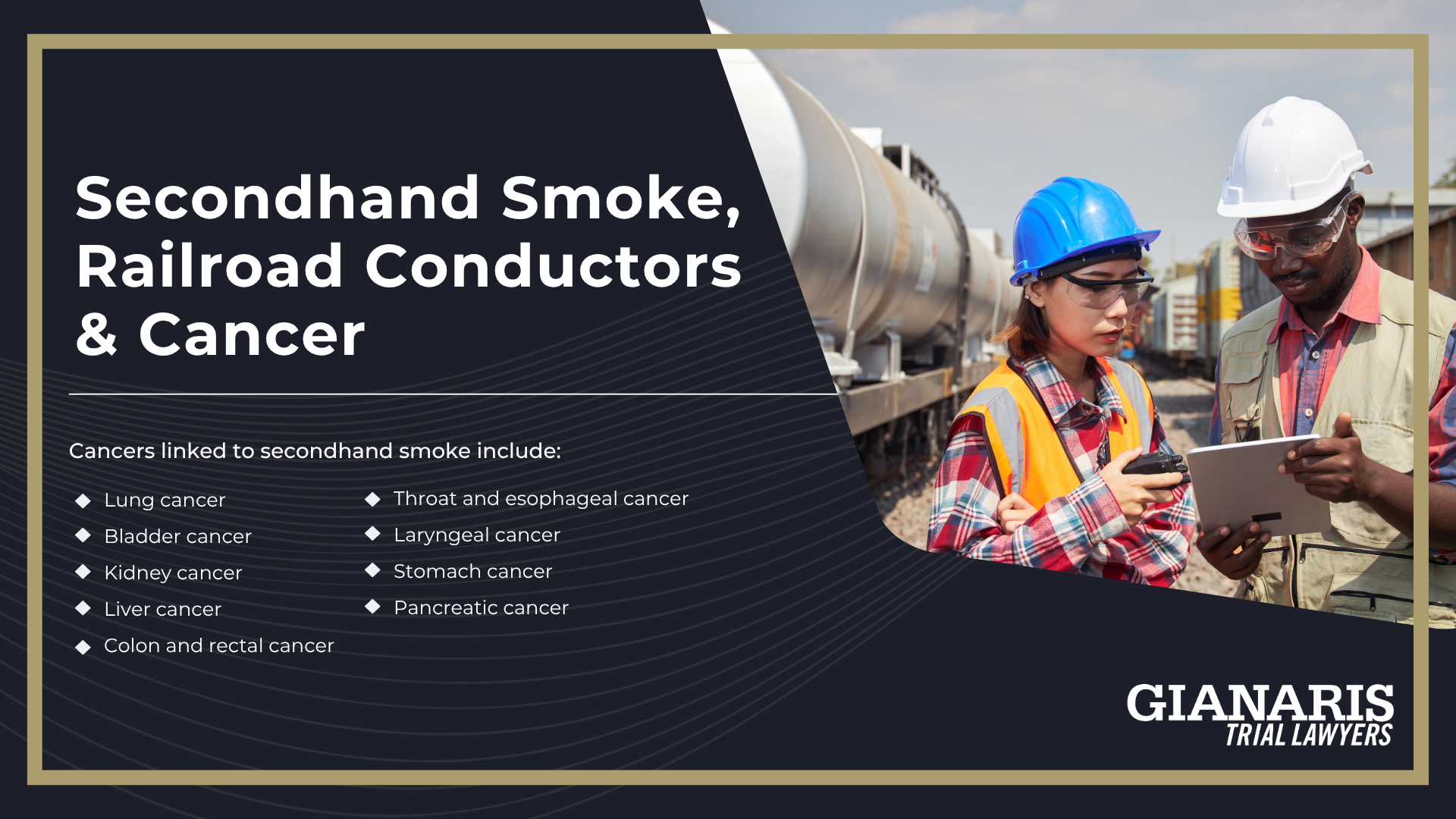 Diesel Exhaust, Locomotive Crews & Cancer; Diesel Exhaust & Cancer Risks; Asbestos, Locomotive Engineers & Cancer; Additional Asbestos Exposure in Rail Yards; Secondhand Smoke, Railroad Conductors & Cancer
