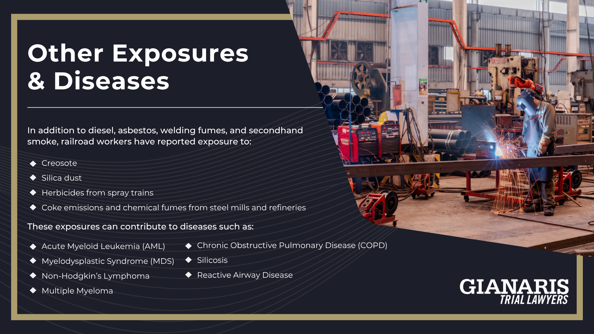 Diesel Exhaust, Locomotive Crews & Cancer; Diesel Exhaust & Cancer Risks; Asbestos, Locomotive Engineers & Cancer; Additional Asbestos Exposure in Rail Yards; Secondhand Smoke, Railroad Conductors & Cancer; Secondhand Smoke, Railroad Conductors & Cancer (2)