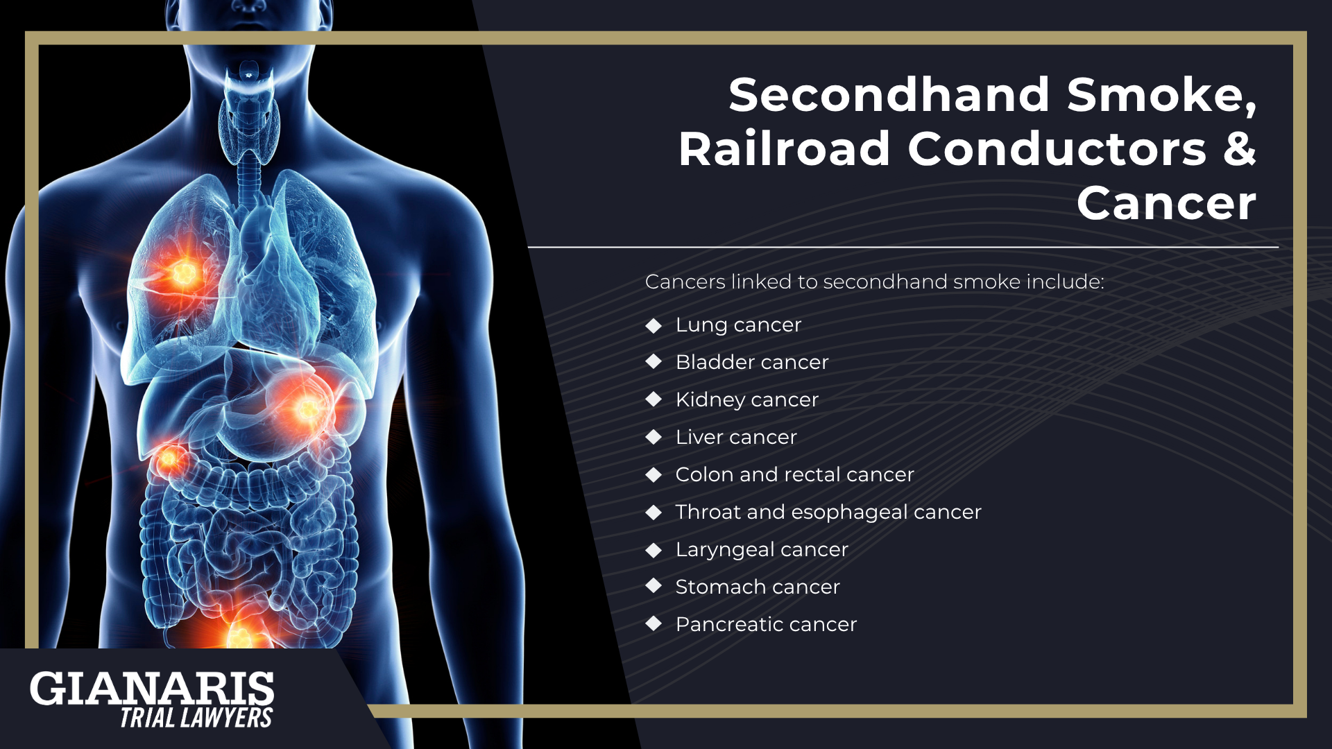 Diesel Exhaust & Cancer Risks; Asbestos Exposure in Locomotives, Car Shops & Track Work; Welding Fumes, Solvents & Car Department Cancer Risks; Other Exposures & Diseases; Secondhand Smoke, Railroad Conductors & Cancer