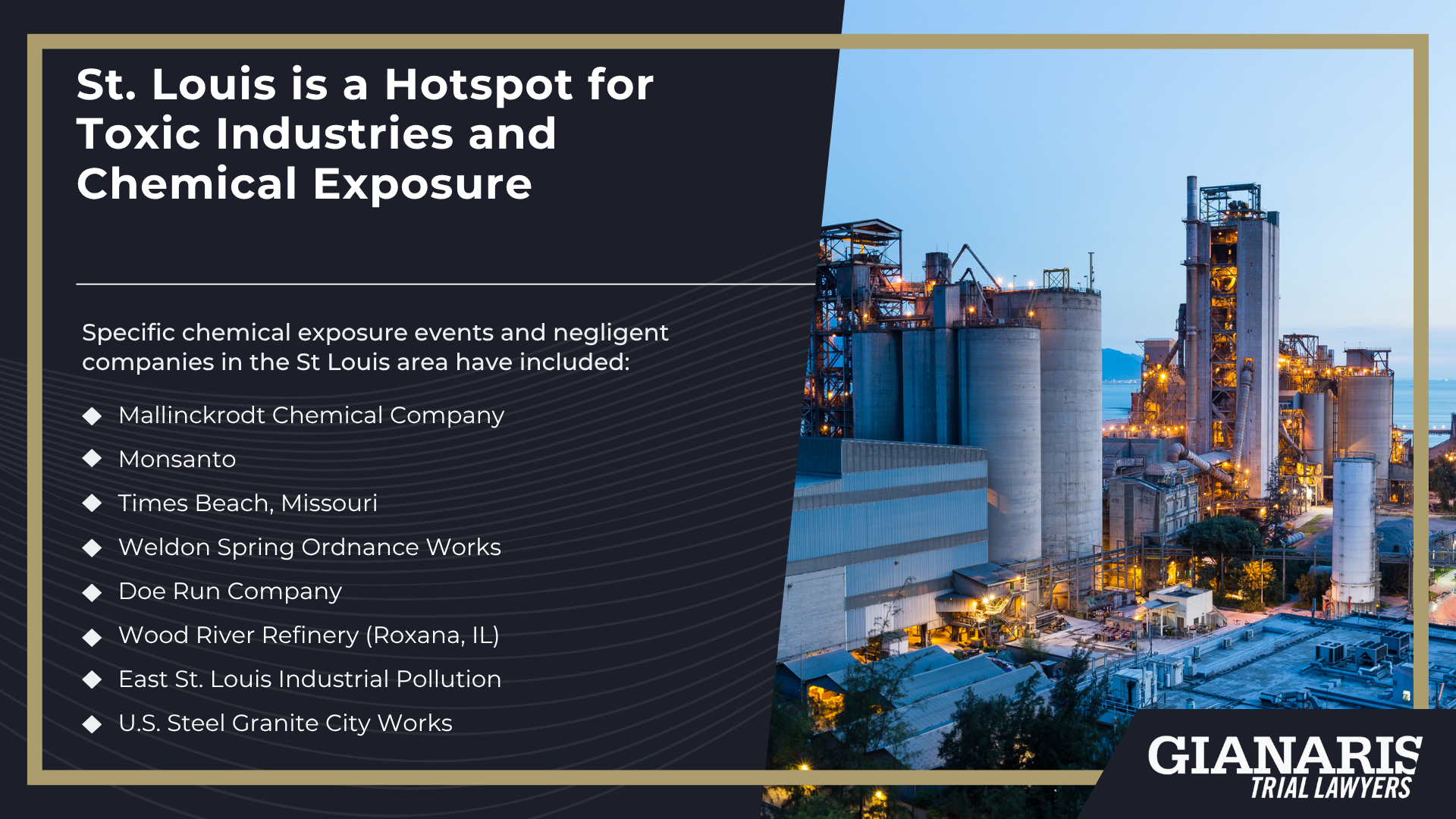 Meet Our Team of Toxic Chemical Exposure Attorneys; Types of Toxic Chemical Exposure Cases We Handle; St. Louis is a Hotspot for Toxic Industries and Chemical Exposure