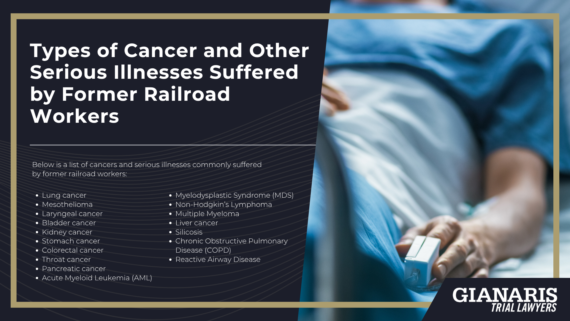 Meet Our Experienced Railroad Cancer Lawyer_ Ted Gianaris; Diesel Exhaust, Locomotive Crews & Cancer; How Much Does it Cost to Hire an Experienced Attorney from Gianaris Trial Lawyers?; Railroad Worker Cancer Diagnosis_ Toxic Chemicals Linked to Increased Risk of Serious Illnesses; What Railroad Workers are Especially at Risk; Types of Cancer and Other Serious Illnesses Suffered by Former Railroad Workers