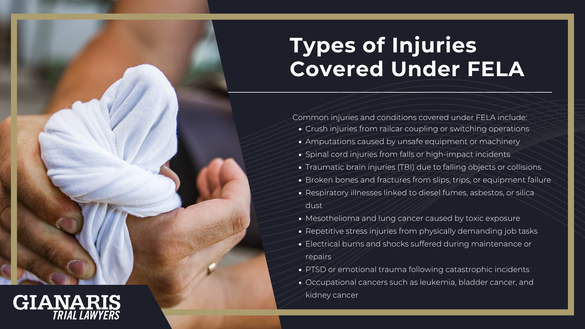 Types of Occupational Exposures on the Railroad Linked to Cancer Risk; How Much Does it Cost to Hire a Railroad Lawyer from Gianaris Trial Lawyers; FELA_ The Legal Process for On-The-Job Injury Claims in the Railroad Industry; Types of Injuries Covered Under FELA