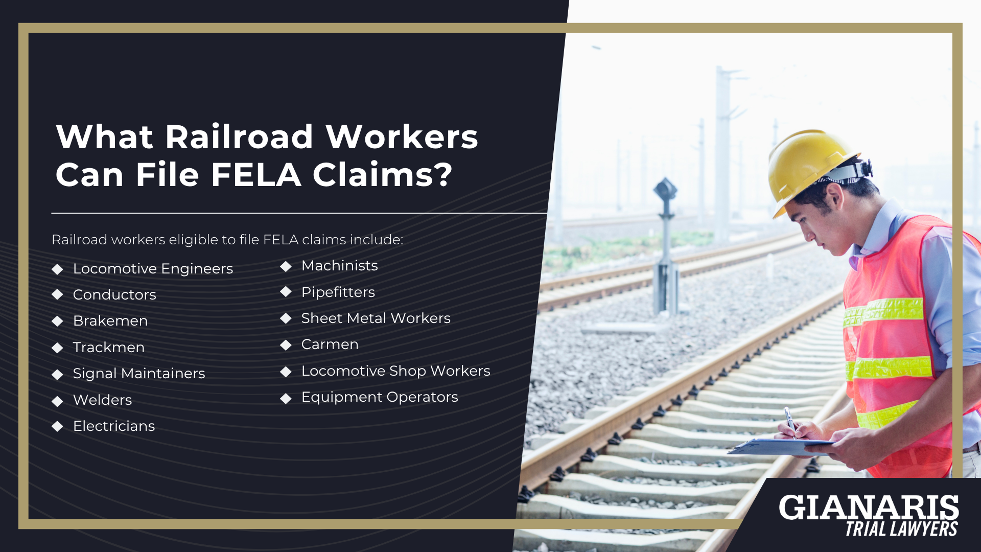 Types of Occupational Exposures on the Railroad Linked to Cancer Risk; How Much Does it Cost to Hire a Railroad Lawyer from Gianaris Trial Lawyers; FELA_ The Legal Process for On-The-Job Injury Claims in the Railroad Industry; Types of Injuries Covered Under FELA; What Railroad Workers Can File FELA Claims