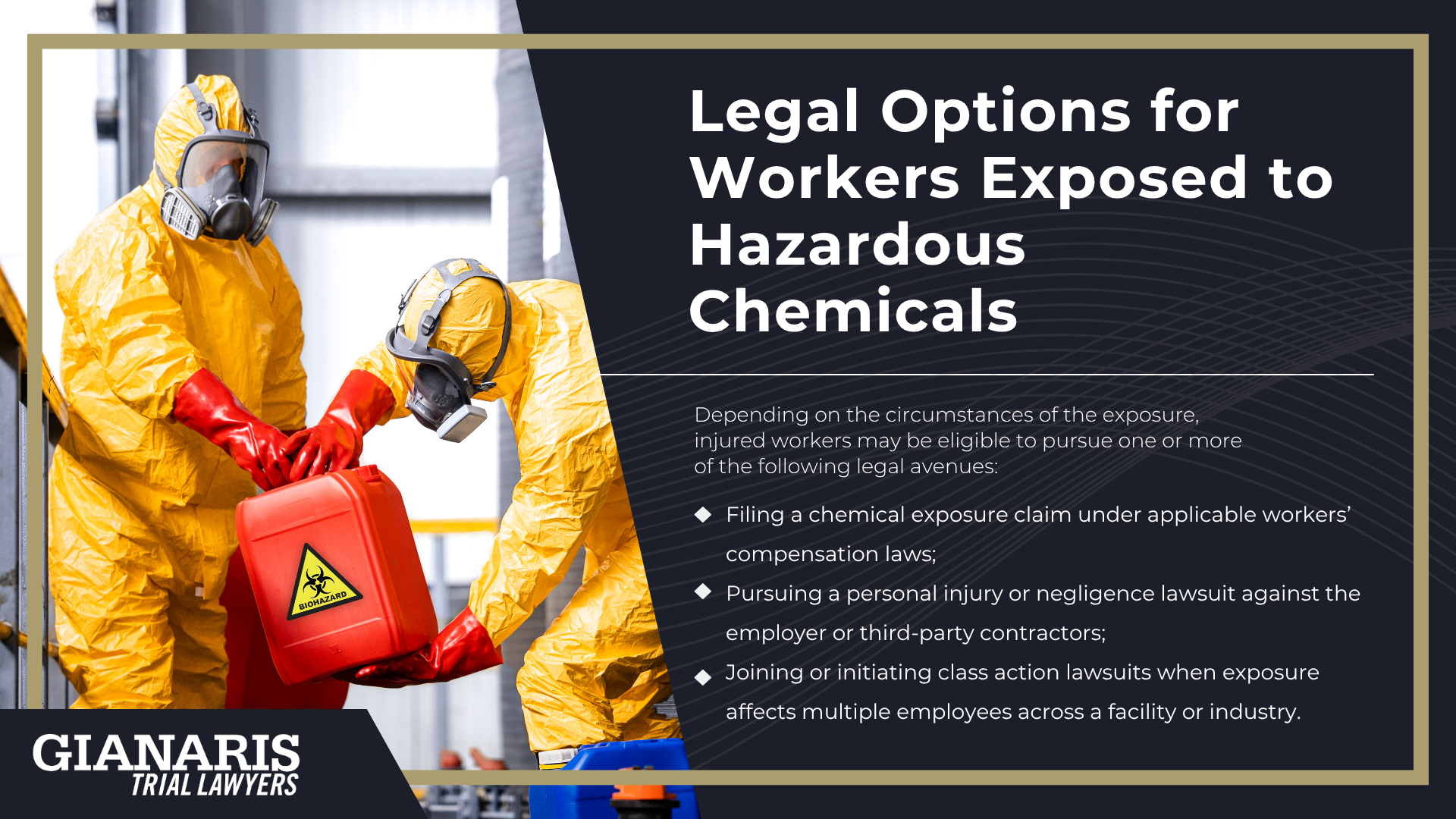 Types of Workplace Chemical Hazards & How Exposure Occurs; When Workers Can Sue their Employer for Chemical Exposures; Legal Options for Workers Exposed to Hazardous Chemicals