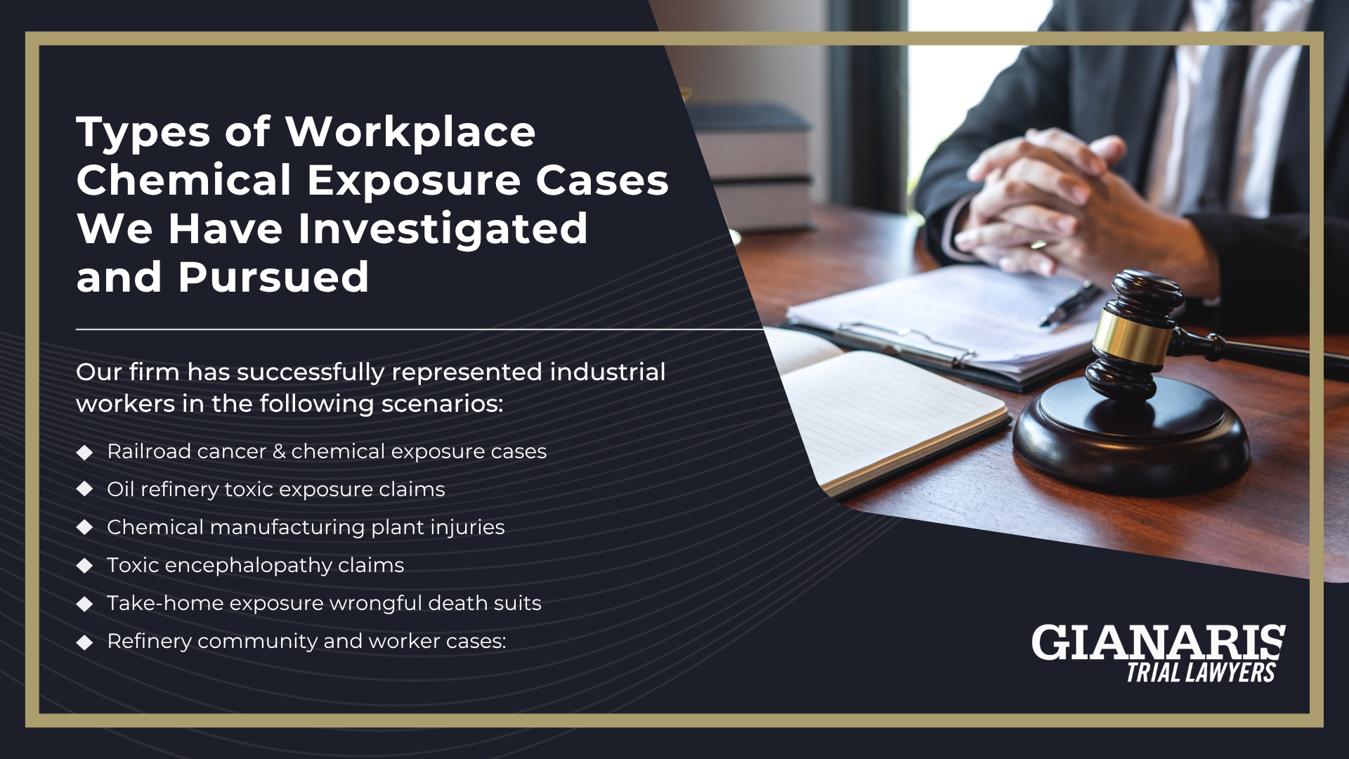 Types of Workplace Chemical Hazards & How Exposure Occurs; When Workers Can Sue their Employer for Chemical Exposures; Legal Options for Workers Exposed to Hazardous Chemicals; Grounds for Filing a Workplace Chemical Exposure Lawsuit; Do You Qualify for a Workplace Chemical Exposure Lawsuit; Gathering Evidence for a Workplace Chemical Exposure Lawsuit; Possible Damages in Workplace Toxic Exposure Lawsuits; Types of Workplace Chemical Exposure Cases We Have Investigated and Pursued