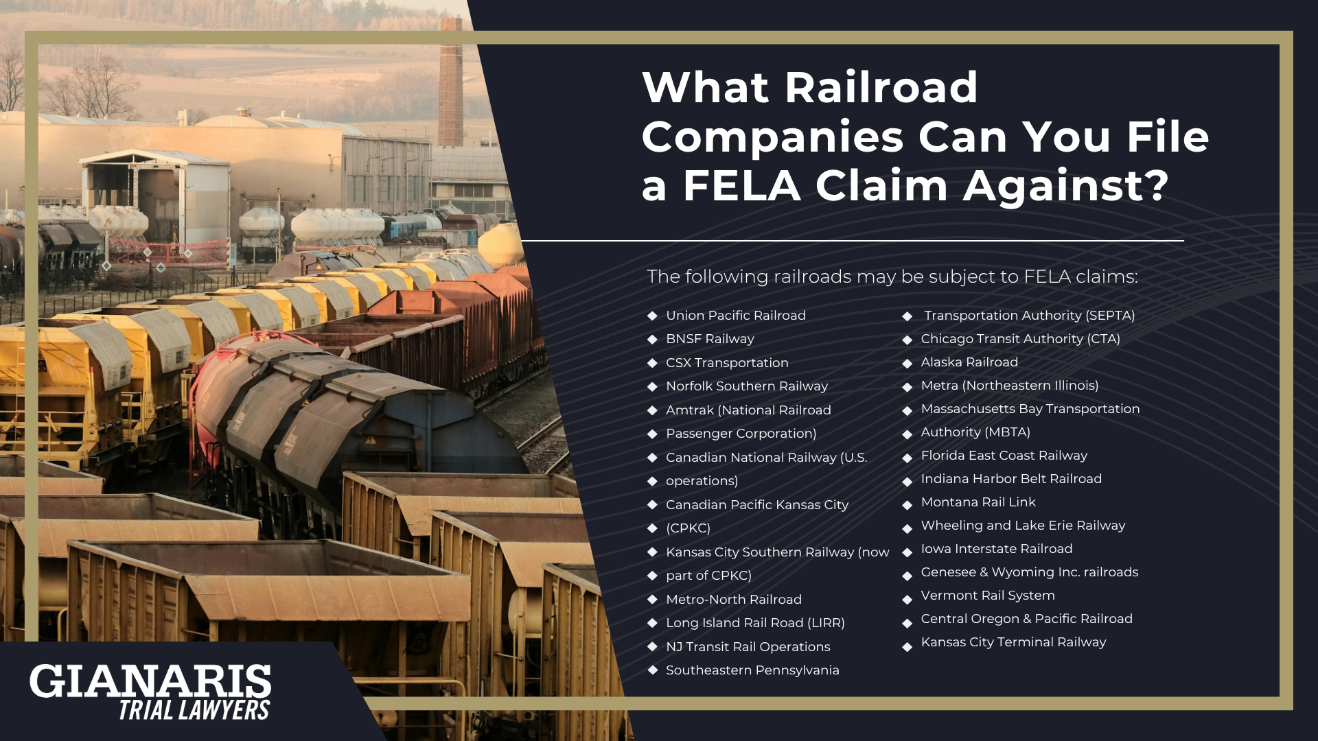 Types of Physical Injuries Covered by FELA; What To Do After an On-The-Job Injury as a Railroad Worker; Types of Serious Illnesses and Cancers Covered by FELA; How Do You Prove That Railroad Work Caused a Serious Illness or Cancer; What Railroad Companies Can You File a FELA Claim Against