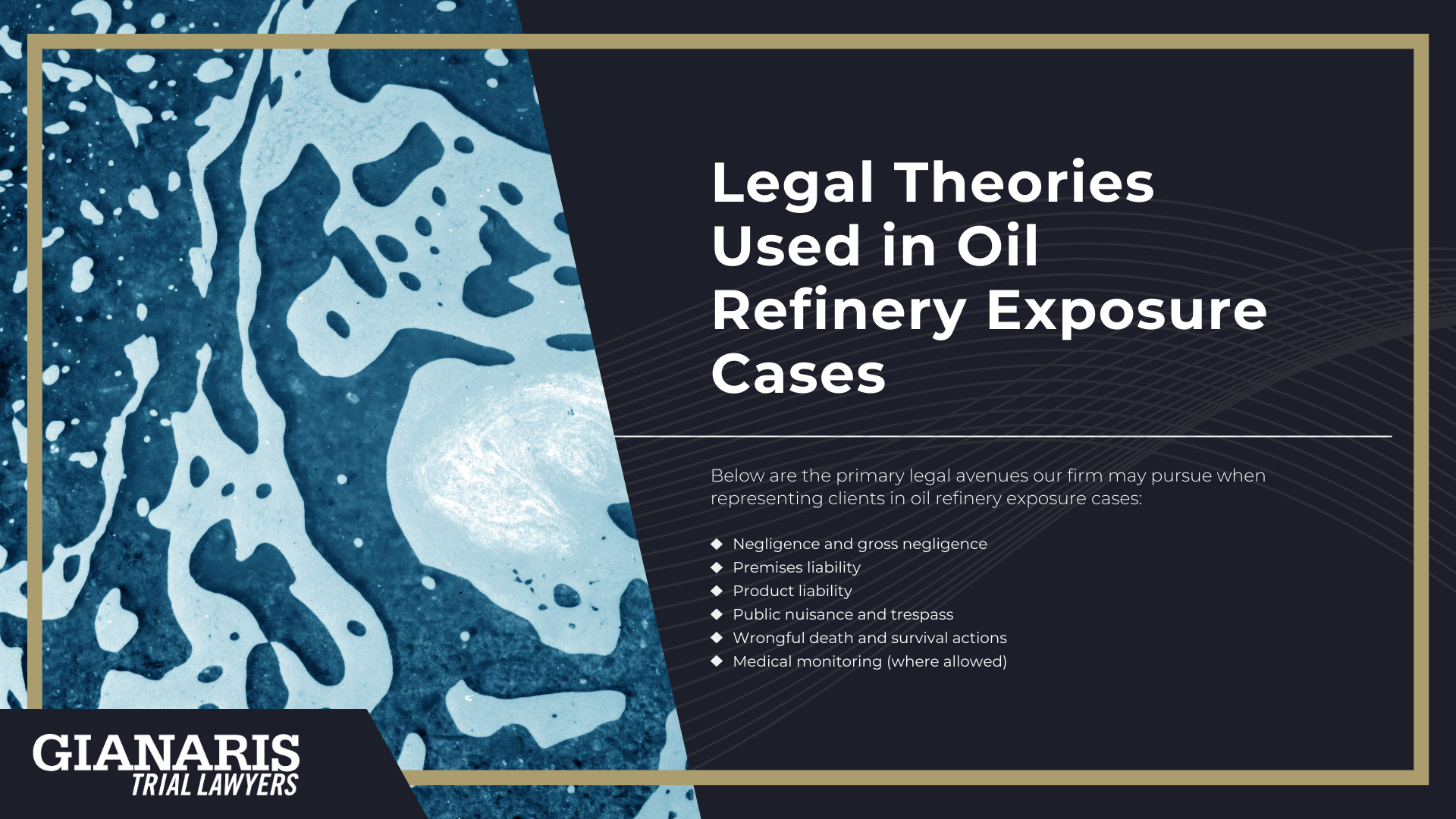What Is an Oil Refinery; Types of Chemicals and Pollutants from Oil Refineries; Oil Refinery Processes that Drive Exposure; Health Effects Linked to Oil Refinery Exposures; Oil Refinery Exposure Pathways and Who’s at Risk; Types of Cancer Linked to Oil Refineries; Non‑Cancer Health Effects Linked to Oil Refineries; Regulating and Monitoring Oil Refineries; Who May Qualify for an Oil Refinery Lawsuit; Legal Theories Used in Oil Refinery Exposure Cases
