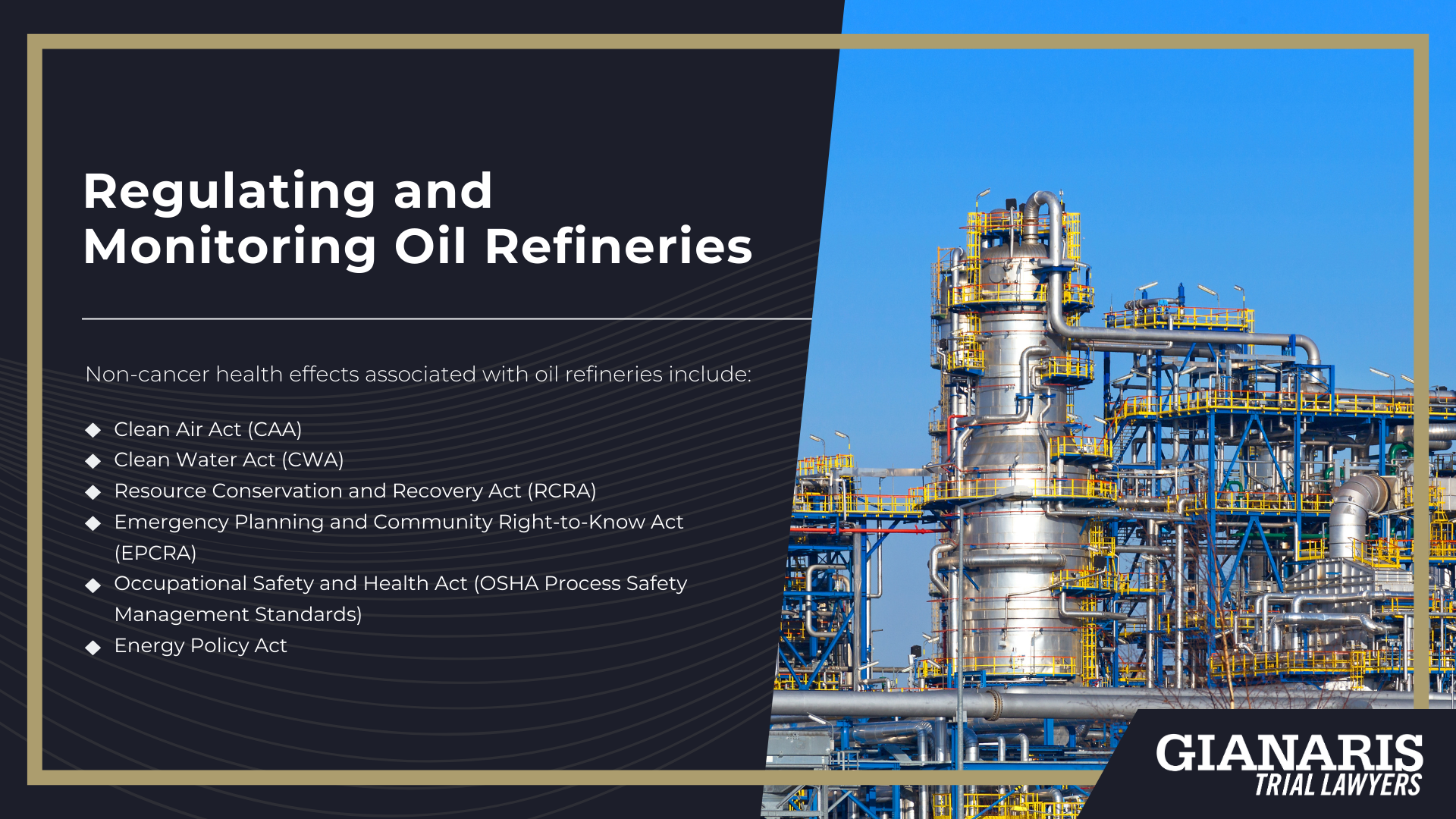 What Is an Oil Refinery; Types of Chemicals and Pollutants from Oil Refineries; Oil Refinery Processes that Drive Exposure; Health Effects Linked to Oil Refinery Exposures; Oil Refinery Exposure Pathways and Who’s at Risk; Types of Cancer Linked to Oil Refineries; Non‑Cancer Health Effects Linked to Oil Refineries; Regulating and Monitoring Oil Refineries