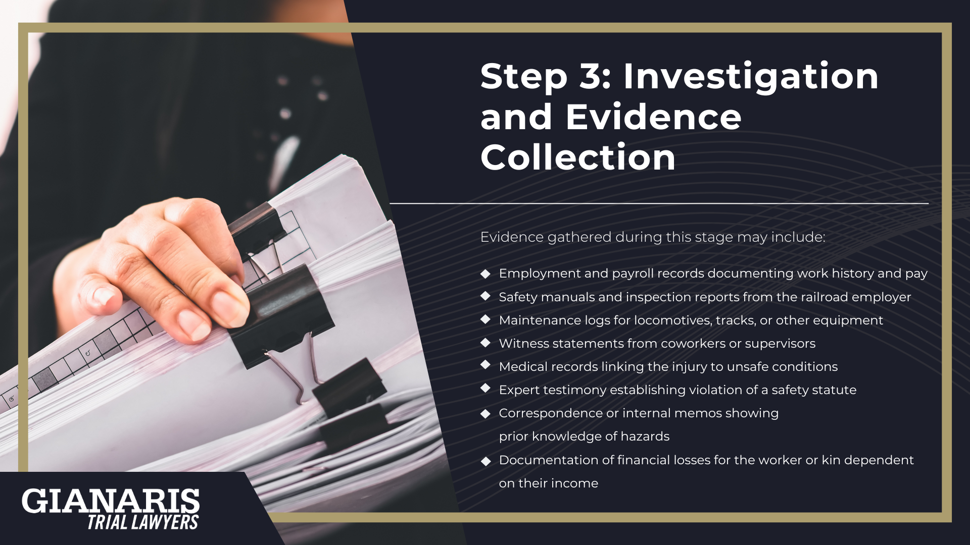 Step 1_ Reporting the Injury and Getting Medical Care; Step 2_ Hiring a FELA Lawyer and Case Evaluation; Step 3_ Investigation and Evidence Collection