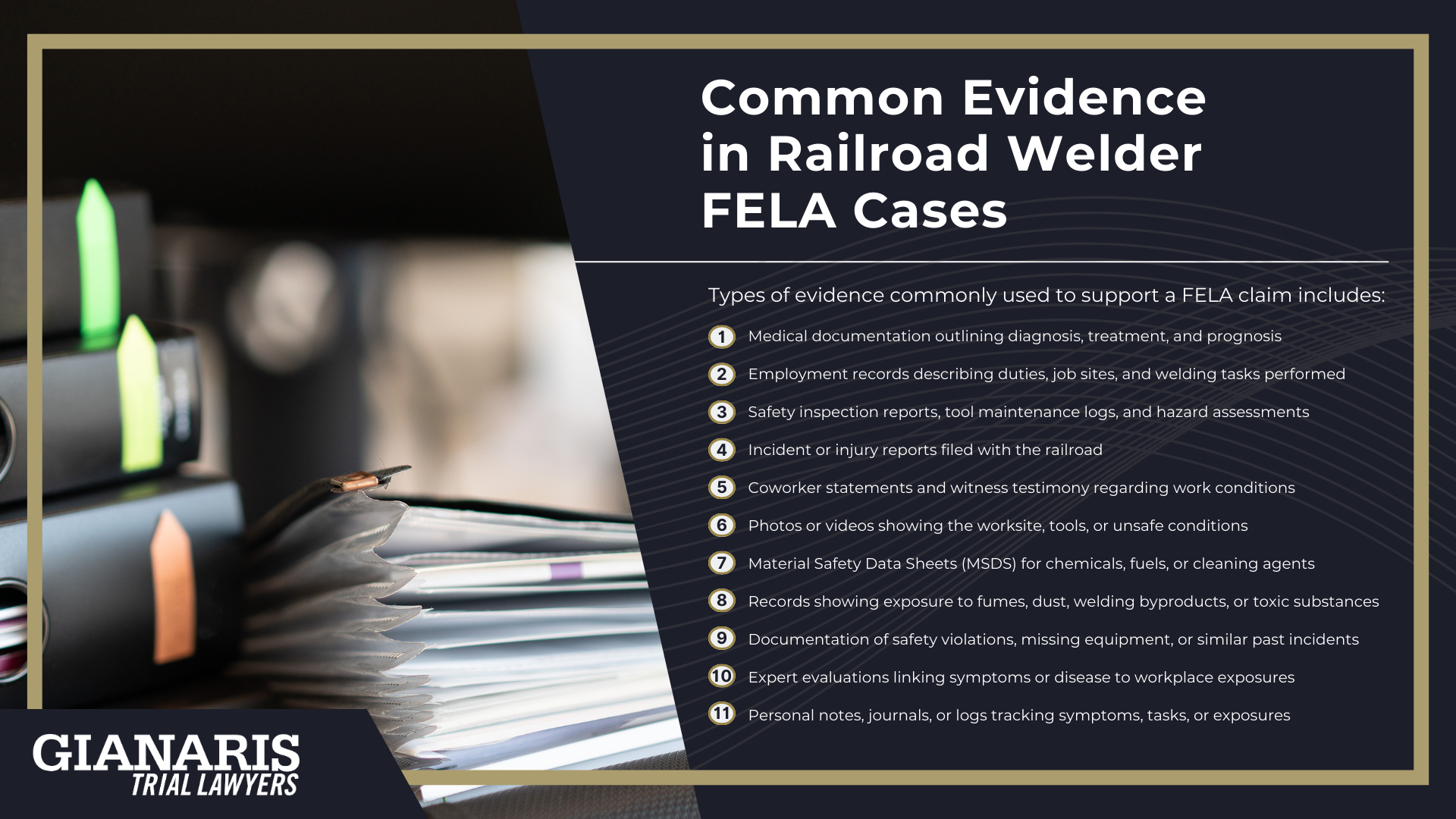 Railroad Welders_ A Critical but High-Risk Role in the Railroad; Physical Injury and Chemical Exposure Risks Faced by Railroad Welders; Common Physical Injuries From Thermite Welding and Other Processes; Common Chemical Exposure Injuries From Gas Pressure Welding and Other Processes; How FELA Covers Injuries for Railroad Welders; FELA Claim Process; Types of Evidence To Support Your FELA Claim; Common Evidence in Railroad Welder FELA Cases