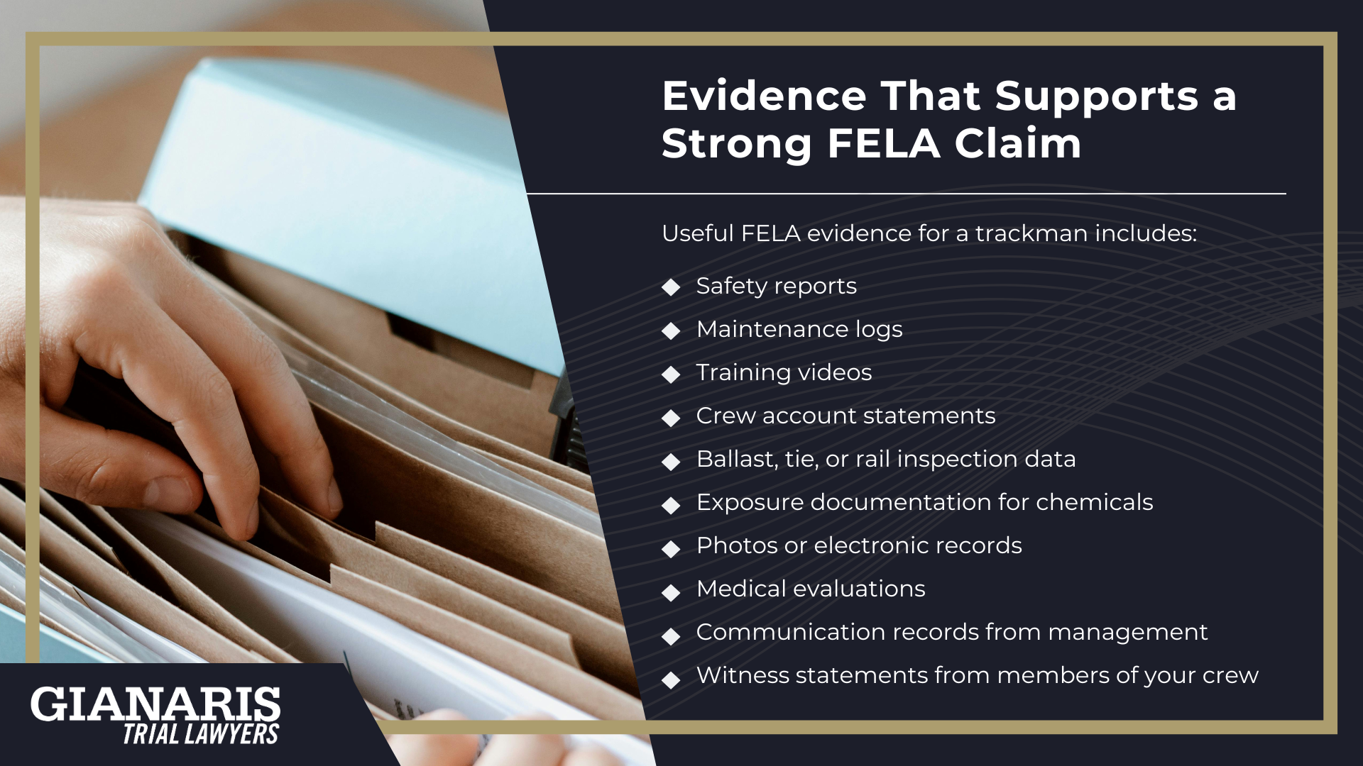 What a Trackman Does on the Railroad; Core Daily Responsibilities; Tools and Equipment Used By a Trackman; Where Trackmen Work; Why the Job Is Hazardous; Physical Injury Risks for Trackmen; What a Trackman Does on the Railroad; Core Daily Responsibilities; Tools and Equipment Used By a Trackman; Where Trackmen Work; Why the Job Is Hazardous; Physical Injury Risks for Trackmen; FELA Coverage for Trackmen; Gianaris Trial Lawyers_ Hire an Experienced Railroad Injury Lawyer Today; How FELA Differs From Workers’ Compensation; Types of Compensation Available Under FELA; Evidence That Supports a Strong FELA Claim