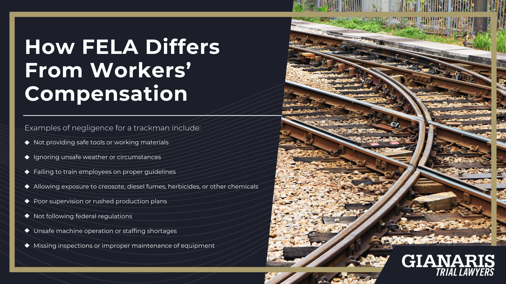 What a Trackman Does on the Railroad; Core Daily Responsibilities; Tools and Equipment Used By a Trackman; Where Trackmen Work; Why the Job Is Hazardous; Physical Injury Risks for Trackmen; What a Trackman Does on the Railroad; Core Daily Responsibilities; Tools and Equipment Used By a Trackman; Where Trackmen Work; Why the Job Is Hazardous; Physical Injury Risks for Trackmen; FELA Coverage for Trackmen; Gianaris Trial Lawyers_ Hire an Experienced Railroad Injury Lawyer Today; How FELA Differs From Workers’ Compensation