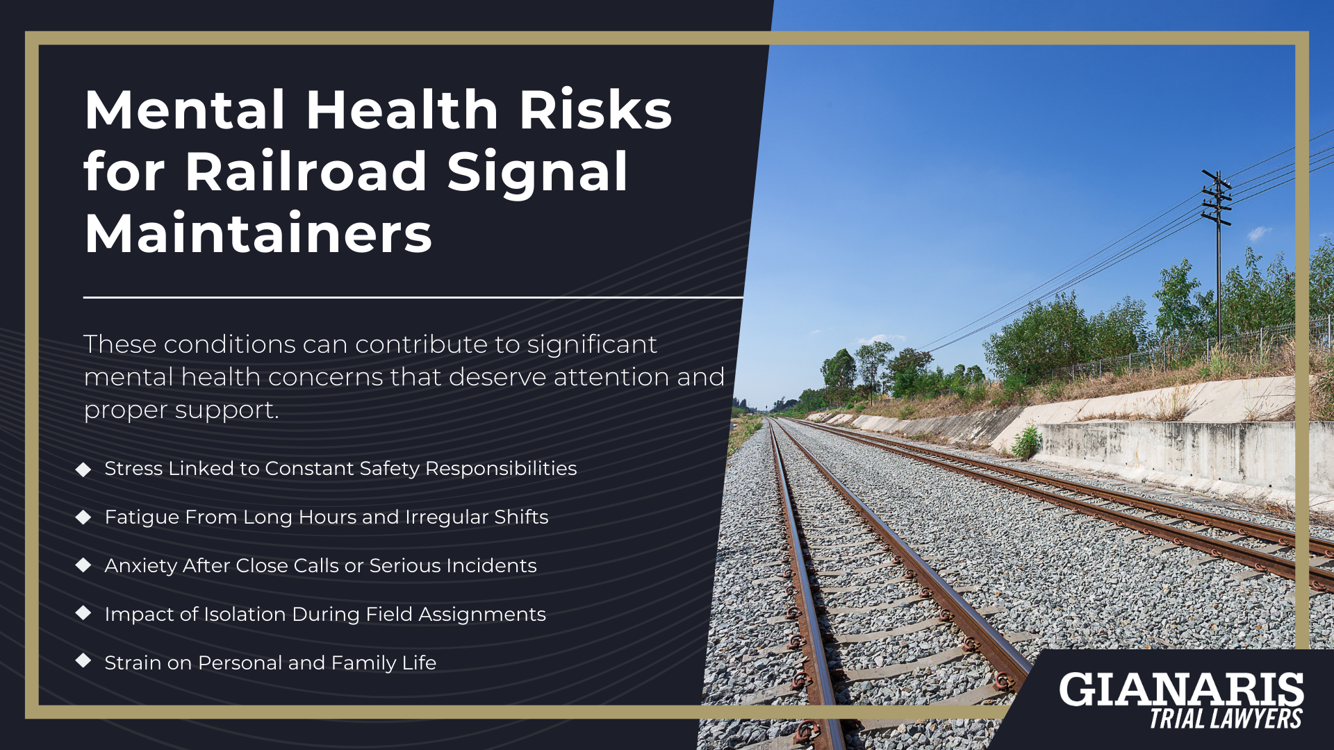 Your Role as a Railroad Signal Maintainer; The Equipment You Handle and Maintain; Physical Injury Risks for Railroad Signal Maintainers; Mental Health Risks for Railroad Signal Maintainers