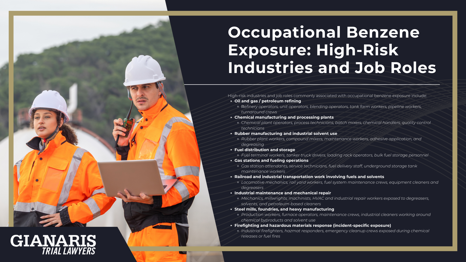 Understanding Eligibility in Benzene Exposure Claims; Why Benzene Lawsuits Focus on Exposure History and Medical Diagnosis; Documented Benzene Exposure_ The First Qualification Requirement; Occupational Benzene Exposure_ High-Risk Industries and Job Roles