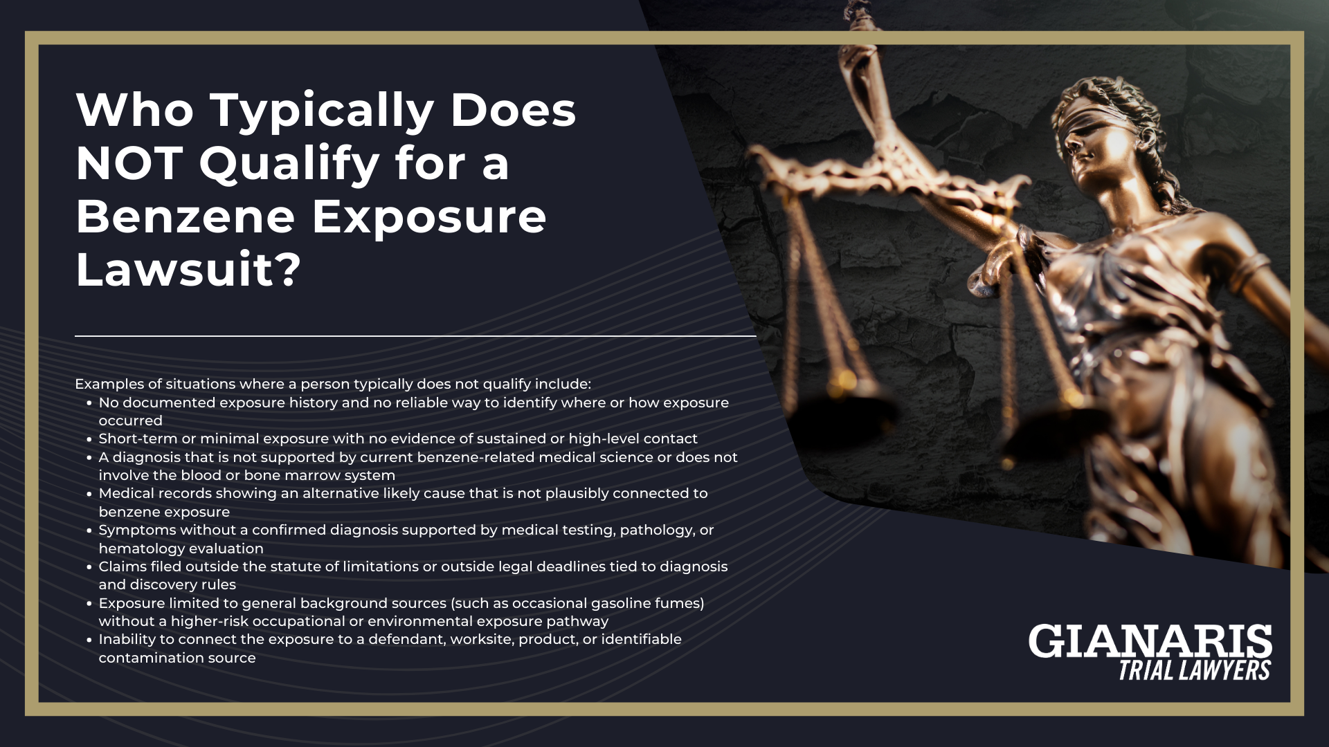 Understanding Eligibility in Benzene Exposure Claims; Why Benzene Lawsuits Focus on Exposure History and Medical Diagnosis; Documented Benzene Exposure_ The First Qualification Requirement; Occupational Benzene Exposure_ High-Risk Industries and Job Roles; Environmental and Community Exposure to Benzene; Medical Conditions Commonly Associated With Benzene Exposure; Other Blood and Bone Marrow Disorders Linked to Benzene Exposure; Acute Myeloid Leukemia (AML) and Related Leukemias; Diagnosis Can Often Come Years After Initial Exposure to Benzene; Do You Qualify for a Benzene Exposure Lawsuit; Common Evidence Used in a Benzene Exposure Lawsuit; Potential Compensation in a Benzene Exposure Claim; Who Typically Does NOT Qualify for a Benzene Exposure Lawsuit