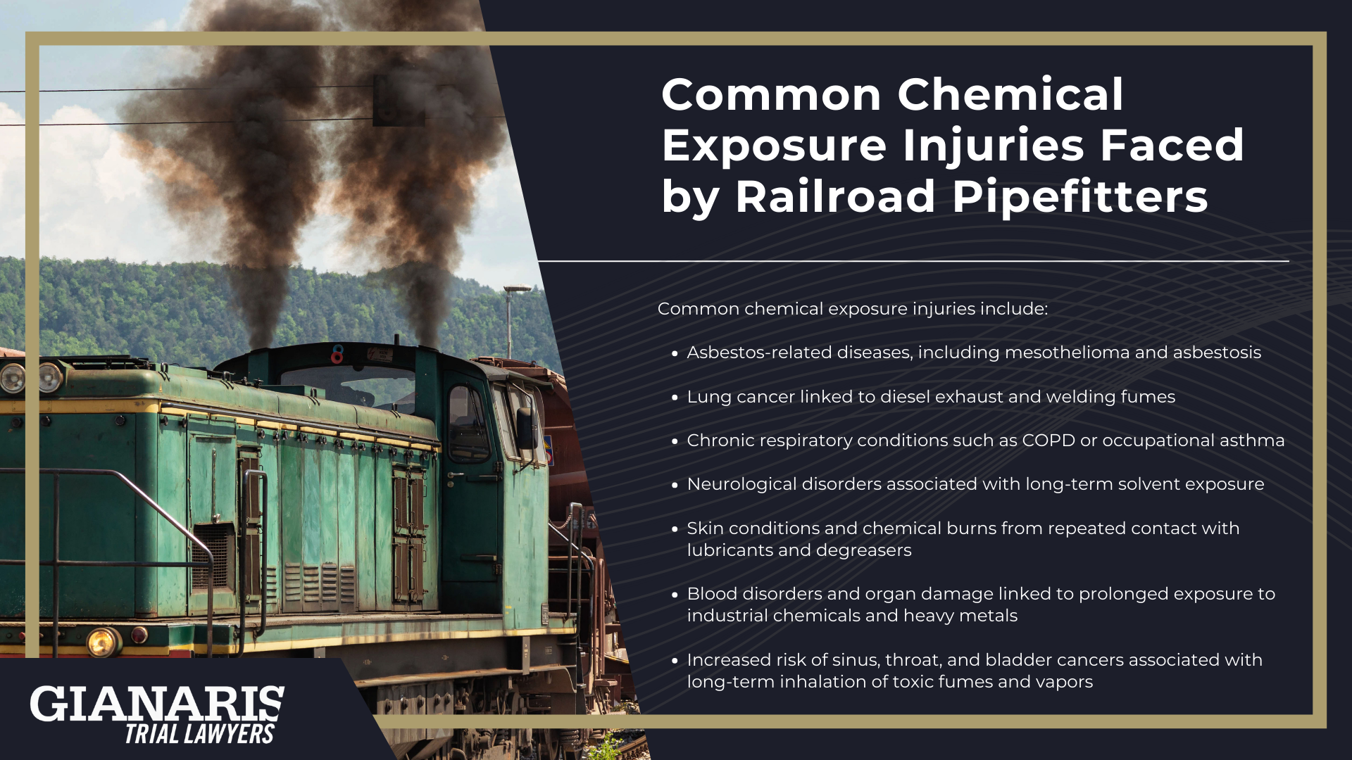 Railroad Pipefitters A Critical Yet High-Risk Role in the Railroad Industry; Physical Injury and Chemical Exposure Faced by Railroad Pipefitters; Physical Injuries; Chemical Exposure Risks Faced by Railroad Pipefitters; Common Chemical Exposure Injuries Faced by Railroad Pipefitters