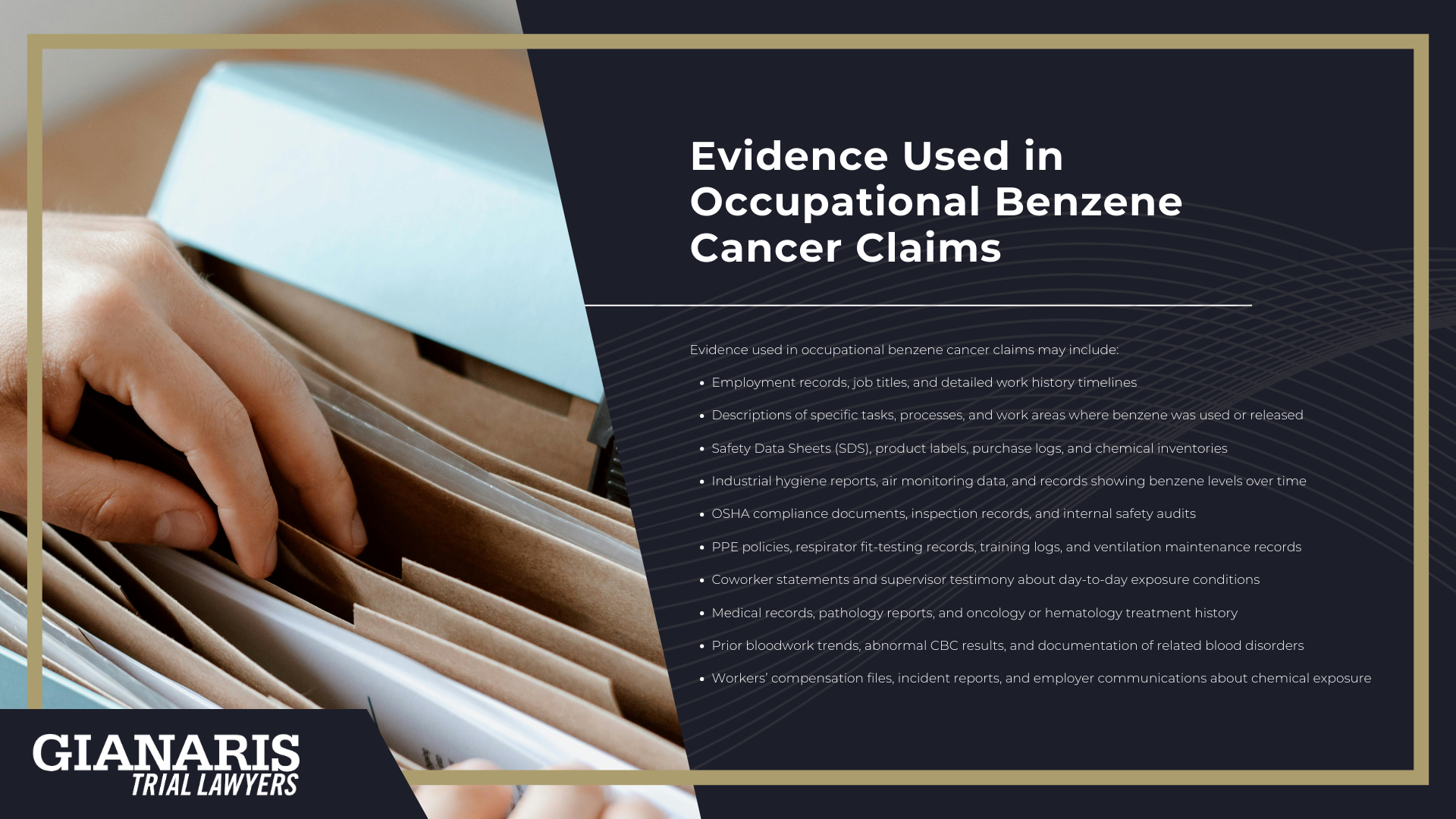 Occupational Benzene Exposure and Cancer Risk; Industries and Jobs with High Benzene Exposure Risk; Industries and Jobs with High Benzene Exposure Risk; Cancers Linked to Occupational Benzene Exposure; Do You Qualify for a Benzene Cancer Lawsuit; Evidence Used in Occupational Benzene Cancer Claims