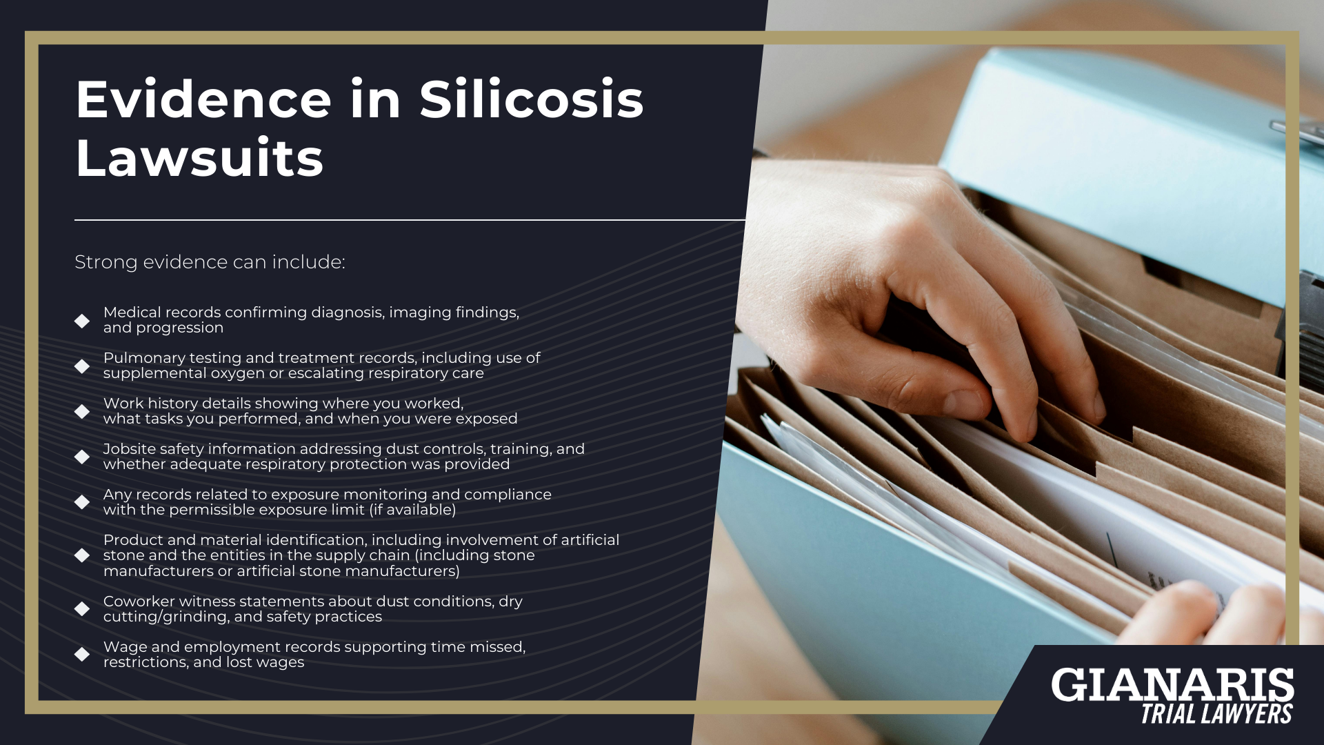 What Is Silicosis; Who Is Most at Risk for Silicosis; How Our Lawyers Can Assist; Steps to Take in a Silicosis Lawsuit; Silicosis Symptoms and Warning Signs; Medical Testing Used to Confirm a Diagnosis; Evidence in Silicosis Lawsuits
