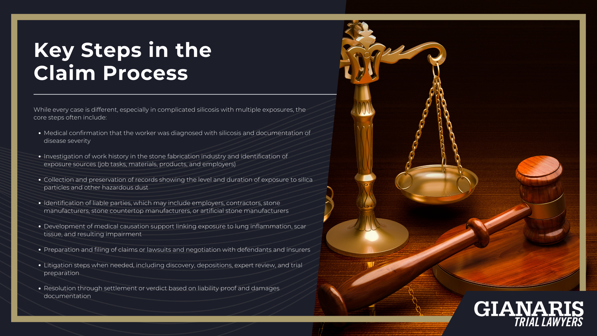 What Is Silicosis; How Crystalline Silica Dust Causes Lung Damage; Acute vs. Chronic Silicosis; What to Do If You’ve Been Diagnosed With Silicosis; Who Is Most at Risk for Silicosis; Silicosis Symptoms and Warning Signs; Diagnosing Silicosis; Do You Qualify to File a Silicosis Lawsuit; Who Can Be Held Liable for Silica Exposure; The Legal Process of Silicosis Lawsuits; Key Steps in the Claim Process