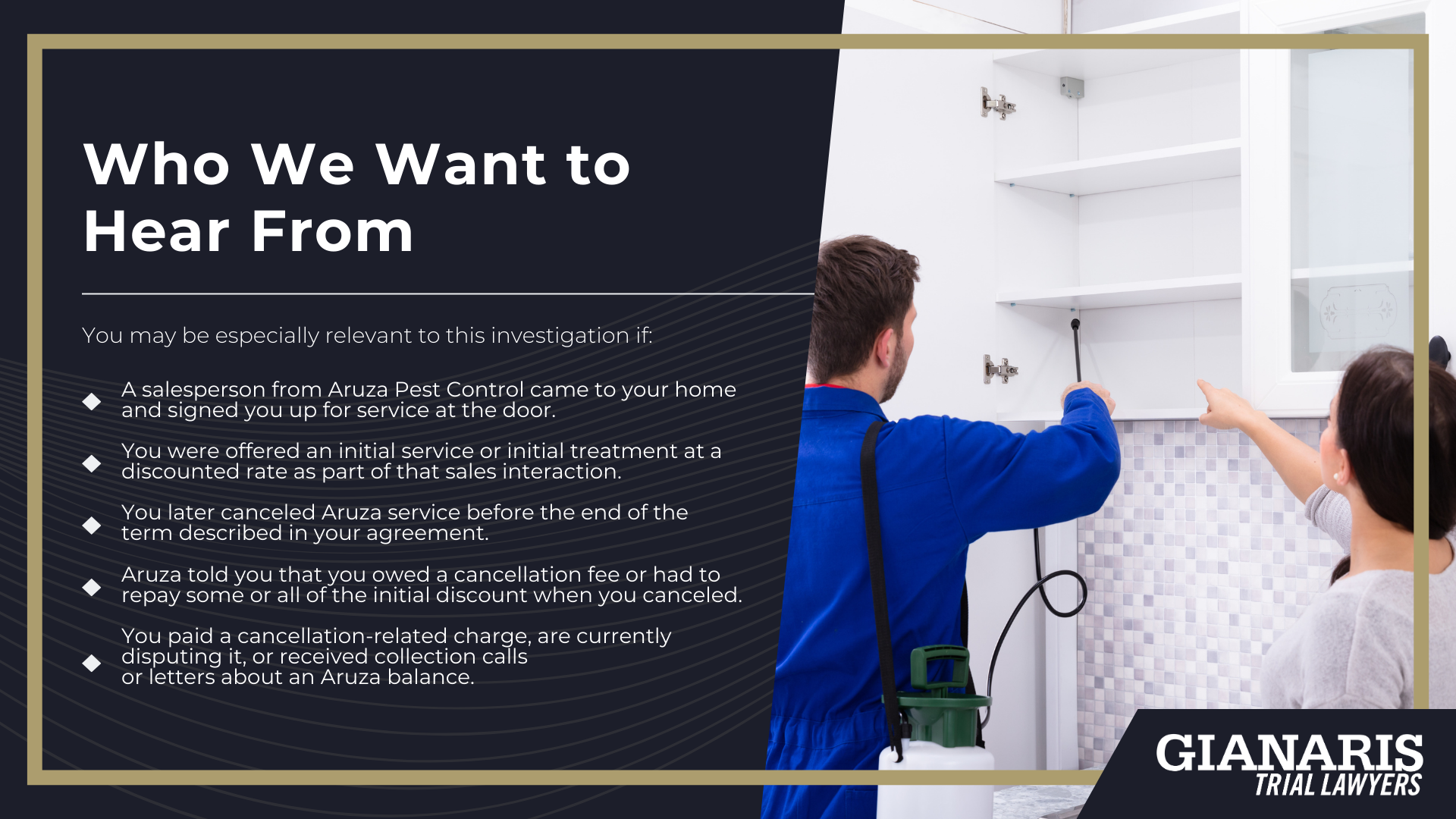 How Aruza’s Door-to-Door Sales Model Works; Aruza Pest Control’s Initial Discount and Cancellation Fee; Who We Want to Hear From