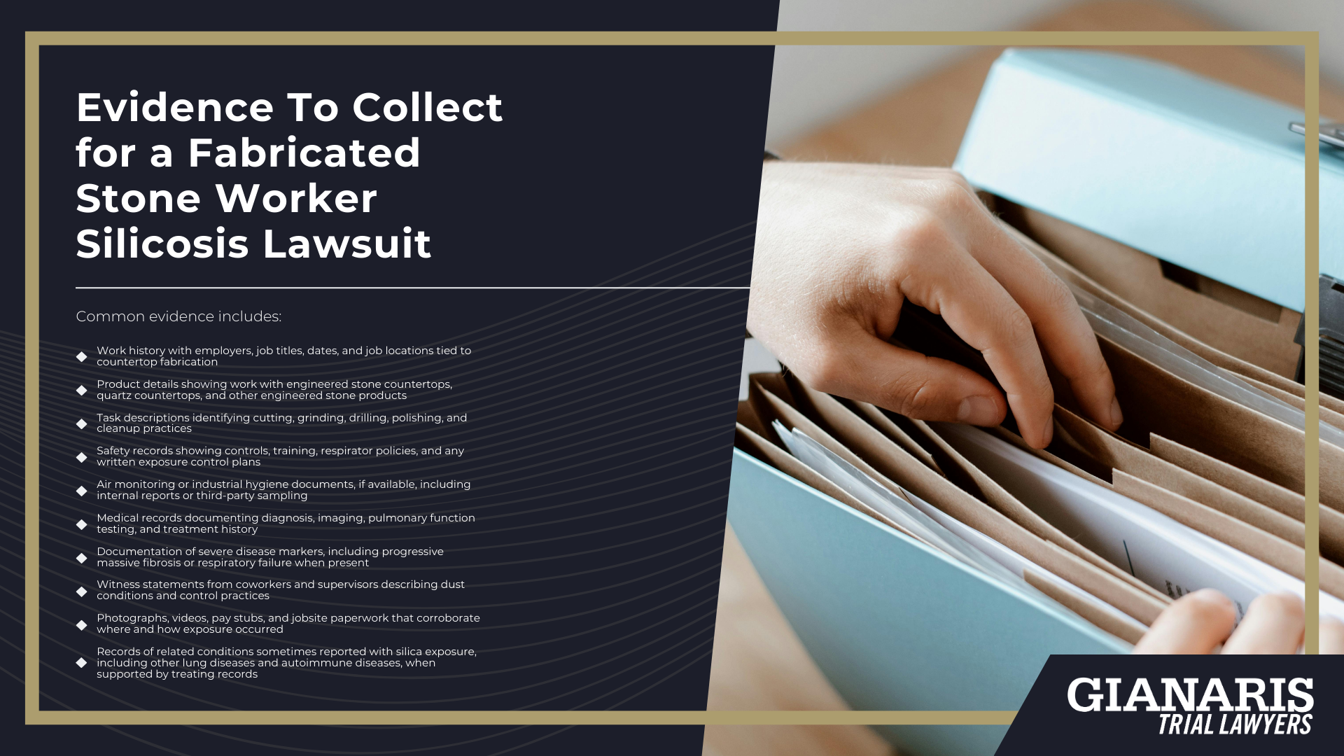 What Is Silicosis; Workplace Safety and Silicosis Prevention; Silicosis Symptoms and Warning Signs; Medical Testing Used to Confirm a Diagnosis; Do You Qualify to File a Fabricated Stone Worker Silicosis Lawsuit; Who Can Be Held Liable for Silica Exposure; The Legal Process of Fabricated Stone Worker Silicosis Lawsuits; Key Steps in the Claim Process; Gathering Evidence for Your Claim