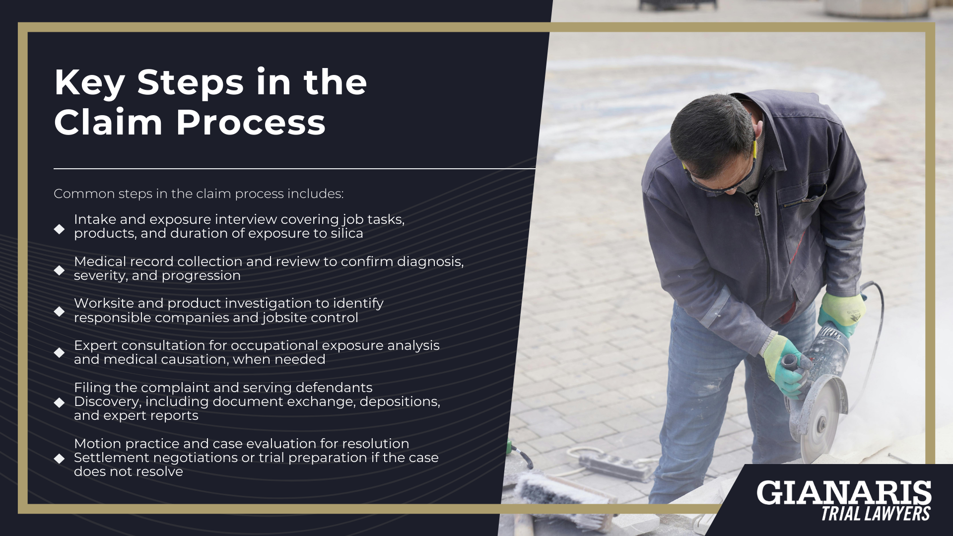 What Is Silicosis; Workplace Safety and Silicosis Prevention; Silicosis Symptoms and Warning Signs; Medical Testing Used to Confirm a Diagnosis; Do You Qualify to File a Fabricated Stone Worker Silicosis Lawsuit; Who Can Be Held Liable for Silica Exposure; The Legal Process of Fabricated Stone Worker Silicosis Lawsuits; Key Steps in the Claim Process