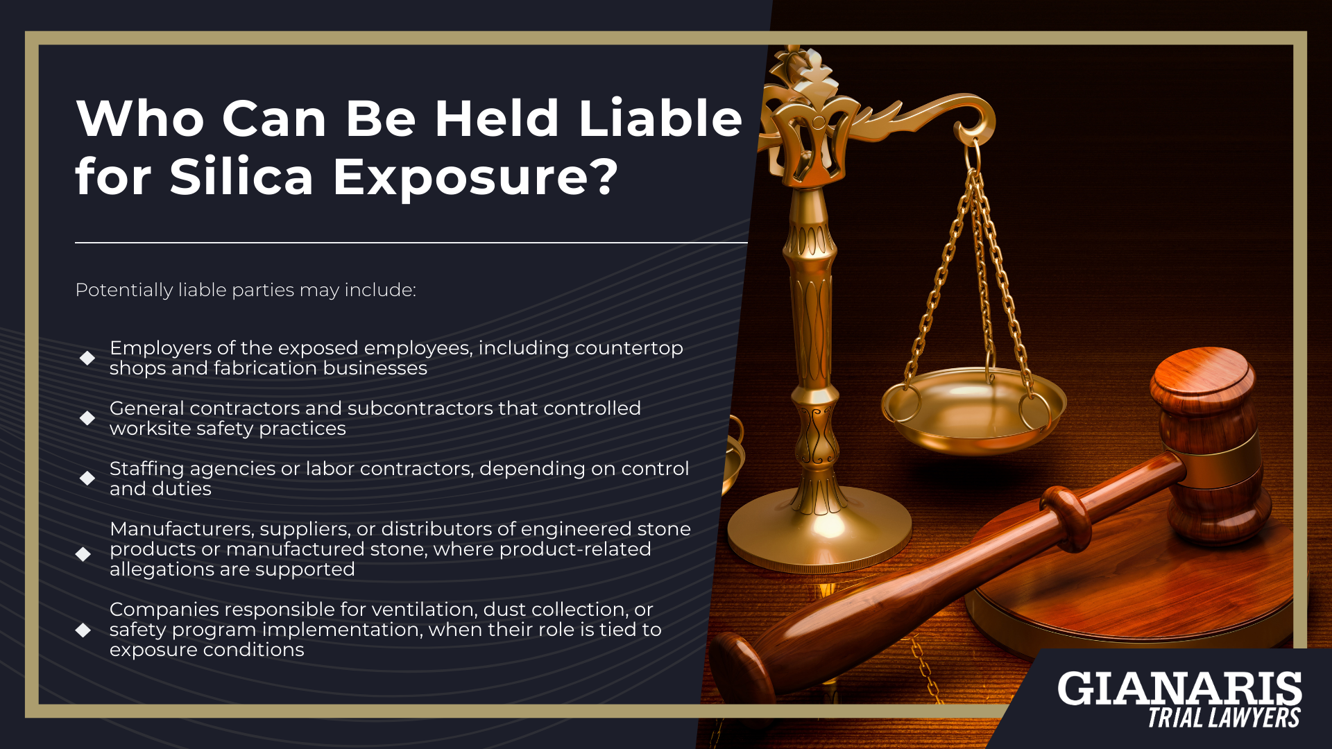 What Is Silicosis; Workplace Safety and Silicosis Prevention; Silicosis Symptoms and Warning Signs; Medical Testing Used to Confirm a Diagnosis; Do You Qualify to File a Fabricated Stone Worker Silicosis Lawsuit; Who Can Be Held Liable for Silica Exposure